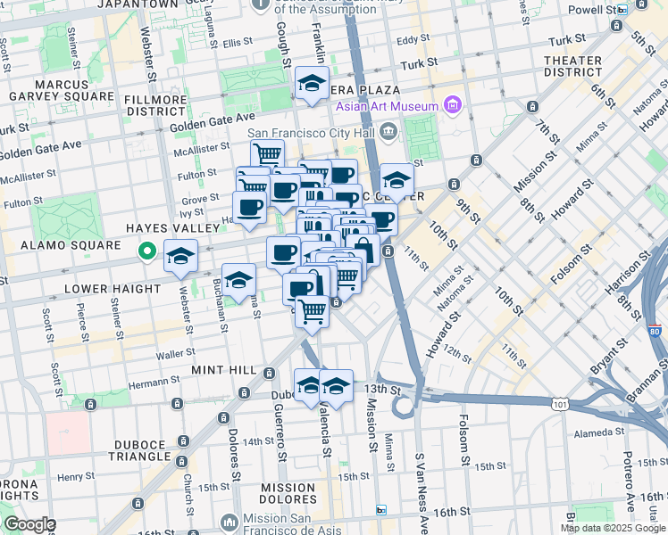 map of restaurants, bars, coffee shops, grocery stores, and more near 66 Page Street in San Francisco