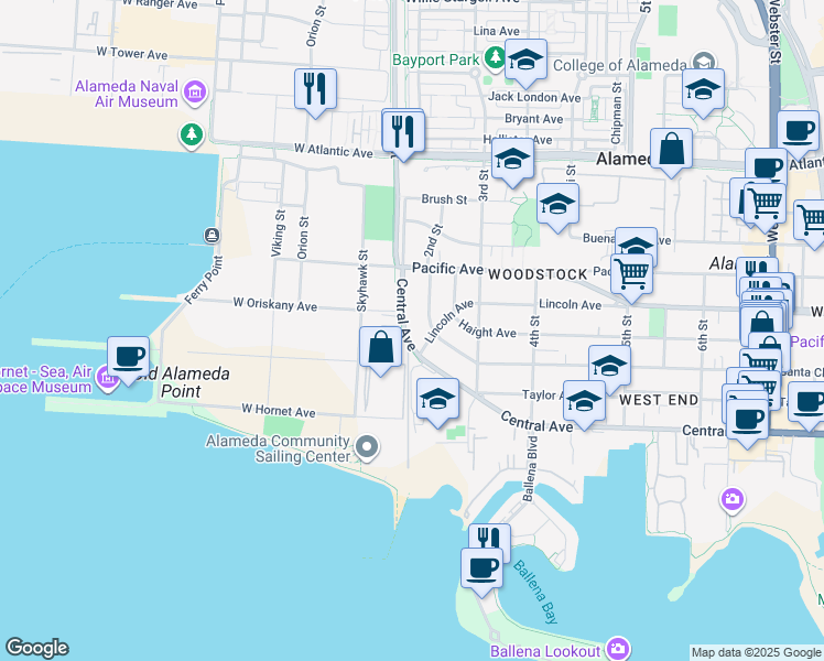 map of restaurants, bars, coffee shops, grocery stores, and more near 151 Central Avenue in Alameda