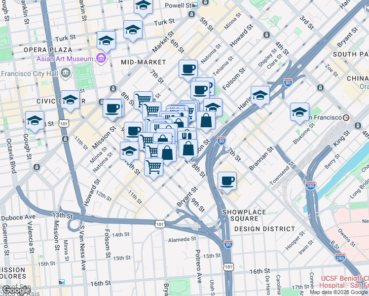 map of restaurants, bars, coffee shops, grocery stores, and more near 1210 Harrison Street in San Francisco