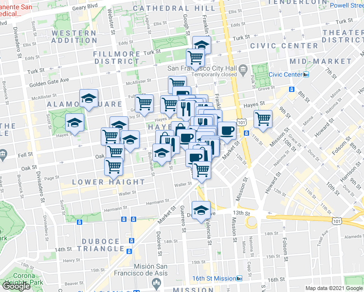 map of restaurants, bars, coffee shops, grocery stores, and more near 190 Lily Street in San Francisco
