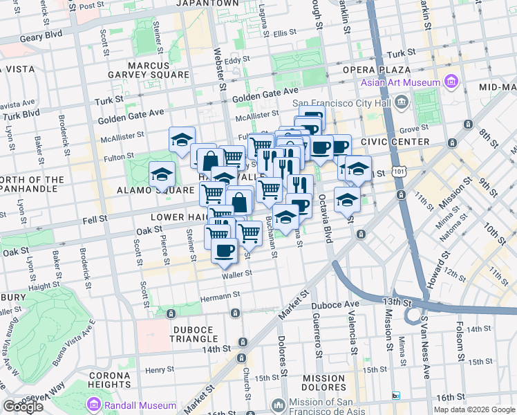 map of restaurants, bars, coffee shops, grocery stores, and more near 518 Oak Street in San Francisco