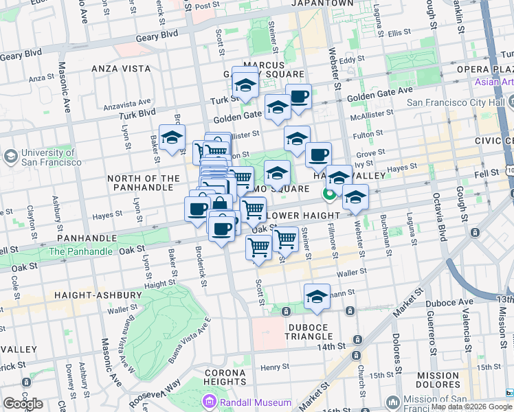 map of restaurants, bars, coffee shops, grocery stores, and more near 503 Scott Street in San Francisco