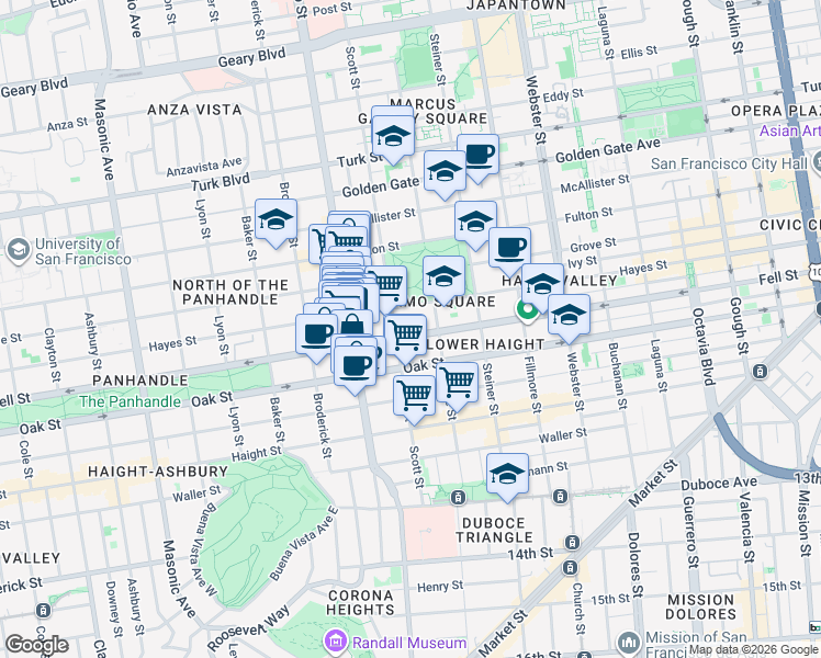 map of restaurants, bars, coffee shops, grocery stores, and more near 503 Scott Street in San Francisco