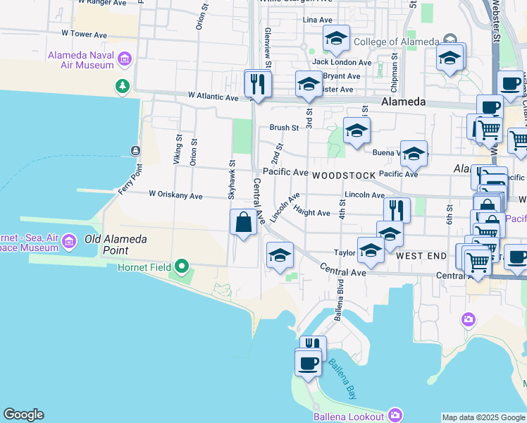 map of restaurants, bars, coffee shops, grocery stores, and more near 151 Central Avenue in Alameda