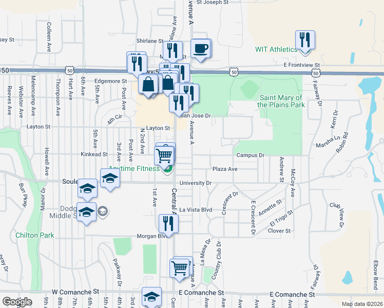 map of restaurants, bars, coffee shops, grocery stores, and more near 2301 Avenue A in Dodge City