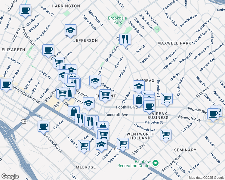 map of restaurants, bars, coffee shops, grocery stores, and more near 48th Avenue & Melrose Avenue in Oakland