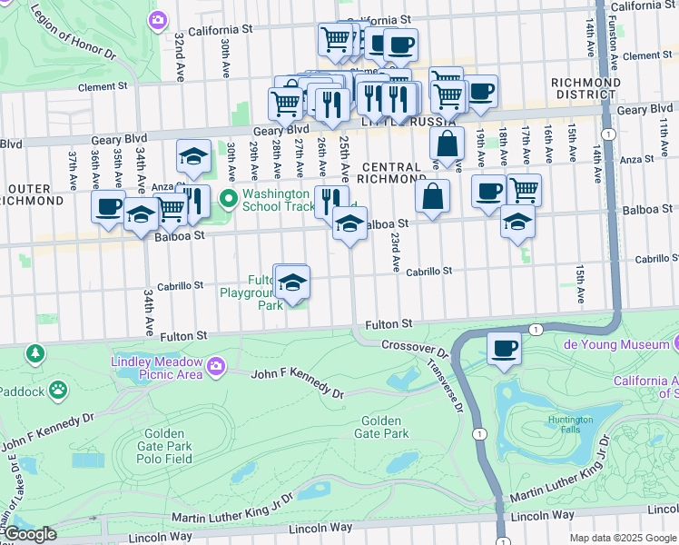 map of restaurants, bars, coffee shops, grocery stores, and more near 2430 Cabrillo Street in San Francisco
