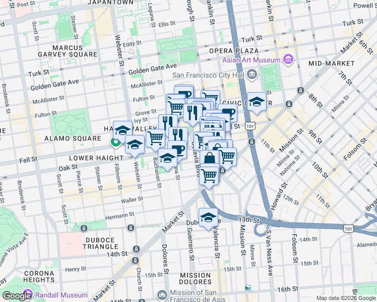 map of restaurants, bars, coffee shops, grocery stores, and more near 190 Lily Street in San Francisco