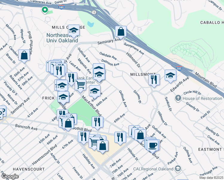map of restaurants, bars, coffee shops, grocery stores, and more near 3585 66th Avenue in Oakland