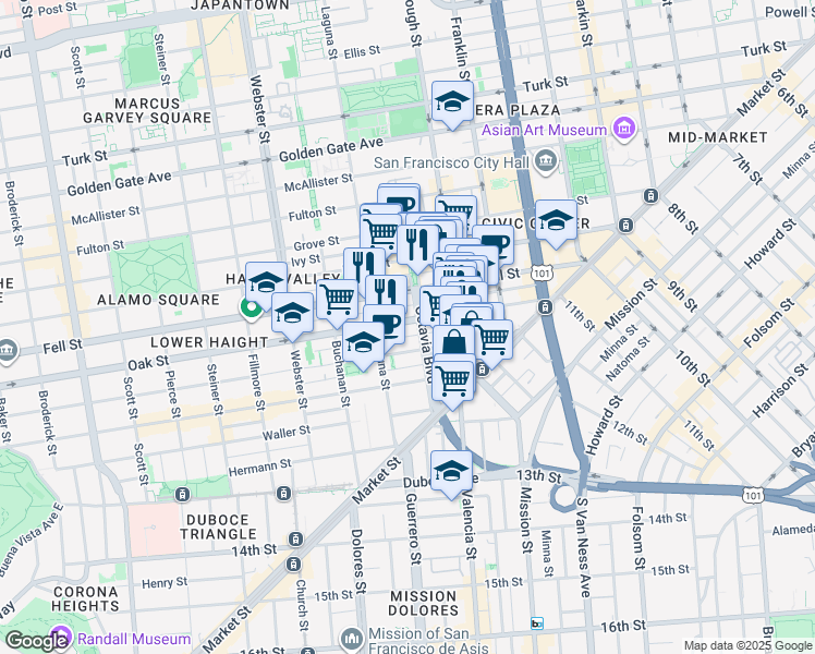 map of restaurants, bars, coffee shops, grocery stores, and more near 305 Oak Street in San Francisco