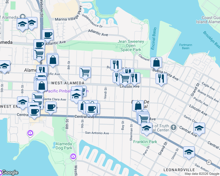 map of restaurants, bars, coffee shops, grocery stores, and more near 1038 Lincoln Avenue in Alameda