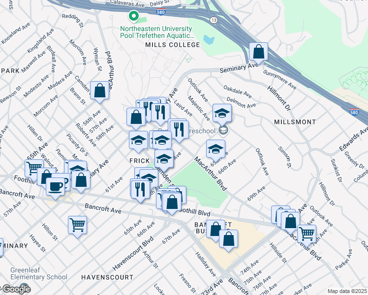 map of restaurants, bars, coffee shops, grocery stores, and more near MacArthur Boulevard & 63rd Avenue in Oakland