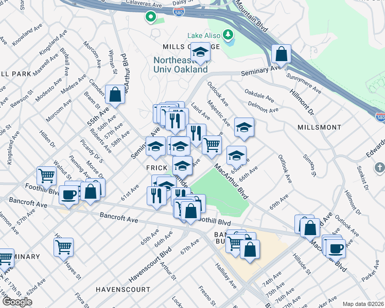 map of restaurants, bars, coffee shops, grocery stores, and more near 3240 62nd Avenue in Oakland