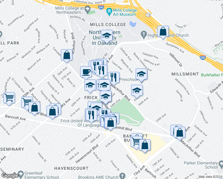 map of restaurants, bars, coffee shops, grocery stores, and more near 3240 62nd Avenue in Oakland