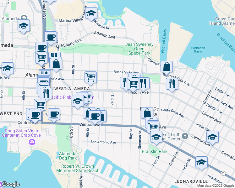 map of restaurants, bars, coffee shops, grocery stores, and more near 1040 Lincoln Avenue in Alameda