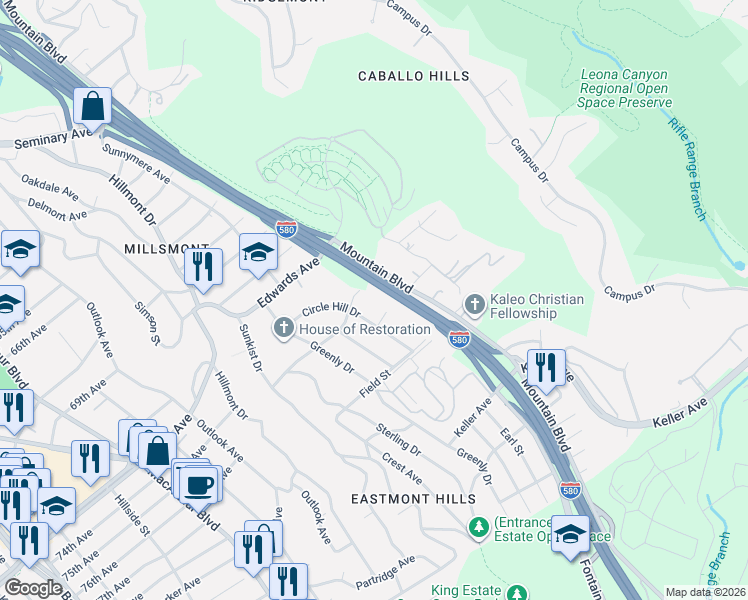 map of restaurants, bars, coffee shops, grocery stores, and more near 7542 Circle Hill Drive in Oakland