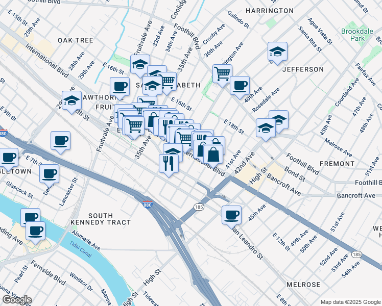 map of restaurants, bars, coffee shops, grocery stores, and more near 3811 International Boulevard in Oakland