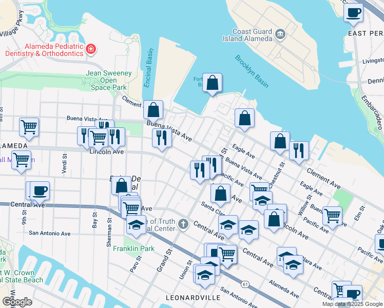 map of restaurants, bars, coffee shops, grocery stores, and more near 1708 Paru Street in Alameda