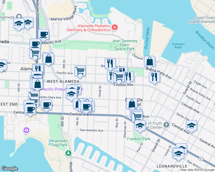 map of restaurants, bars, coffee shops, grocery stores, and more near 1040 Lincoln Avenue in Alameda