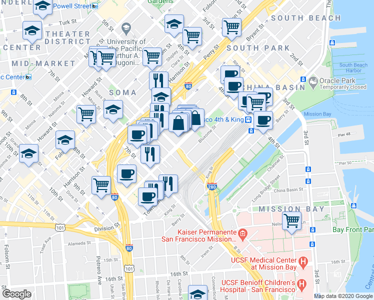 map of restaurants, bars, coffee shops, grocery stores, and more near 178 Bluxome Street in San Francisco