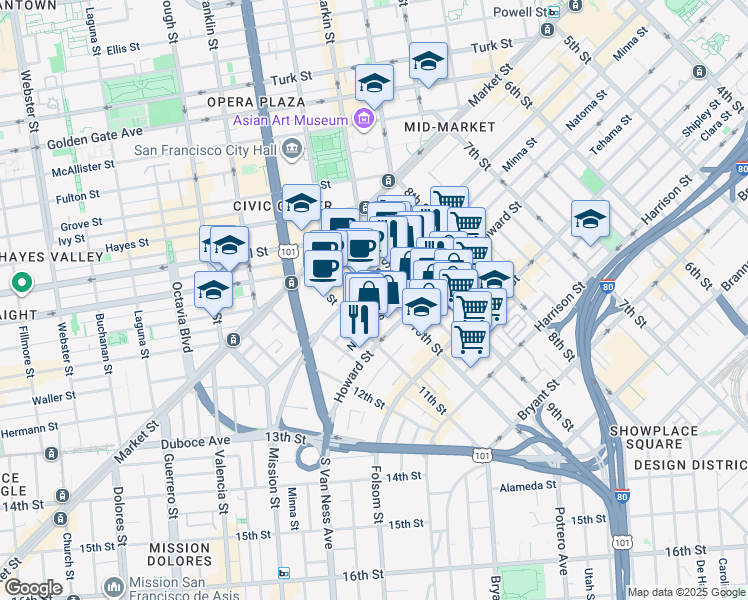 map of restaurants, bars, coffee shops, grocery stores, and more near 155 10th Street in San Francisco