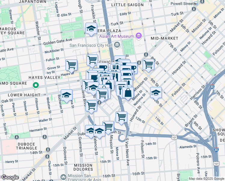 map of restaurants, bars, coffee shops, grocery stores, and more near in San Francisco