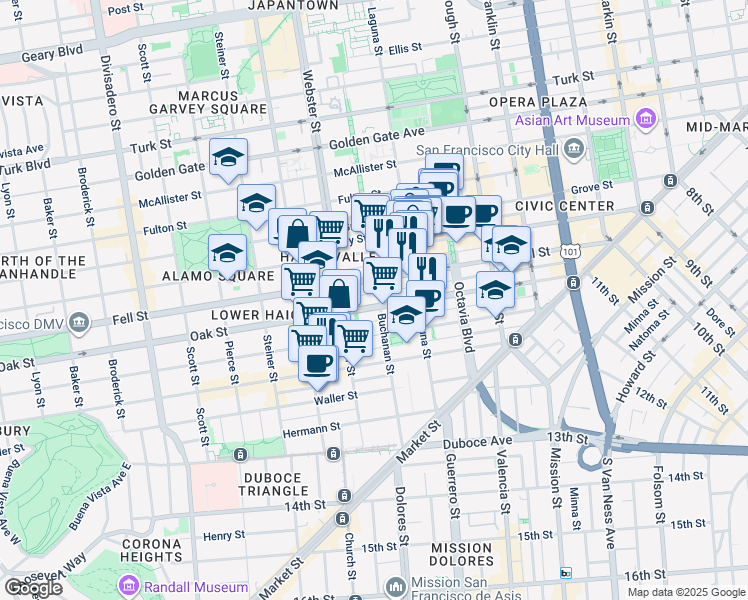 map of restaurants, bars, coffee shops, grocery stores, and more near 518 Oak Street in San Francisco