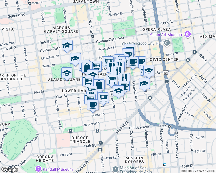 map of restaurants, bars, coffee shops, grocery stores, and more near 518 Oak Street in San Francisco