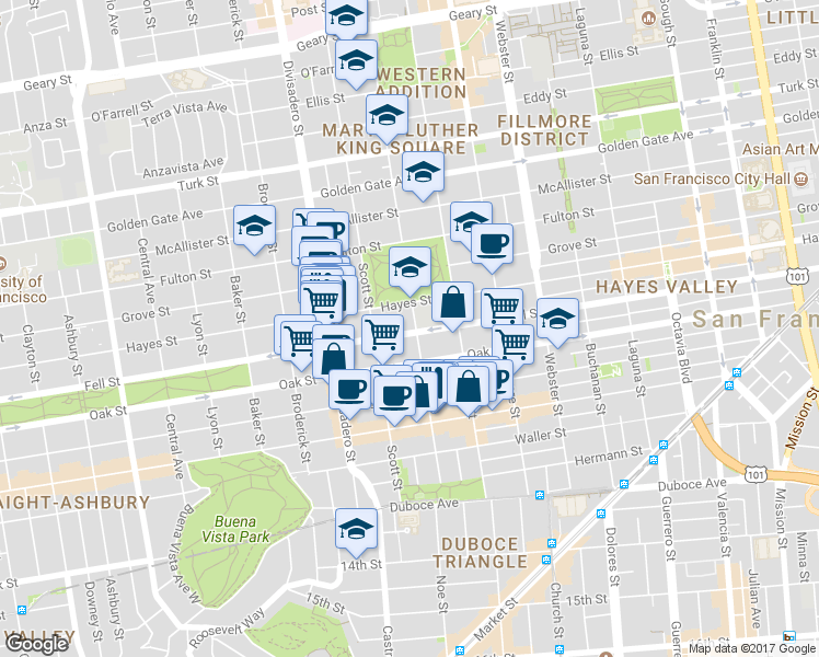 map of restaurants, bars, coffee shops, grocery stores, and more near 1004 Fell Street in San Francisco