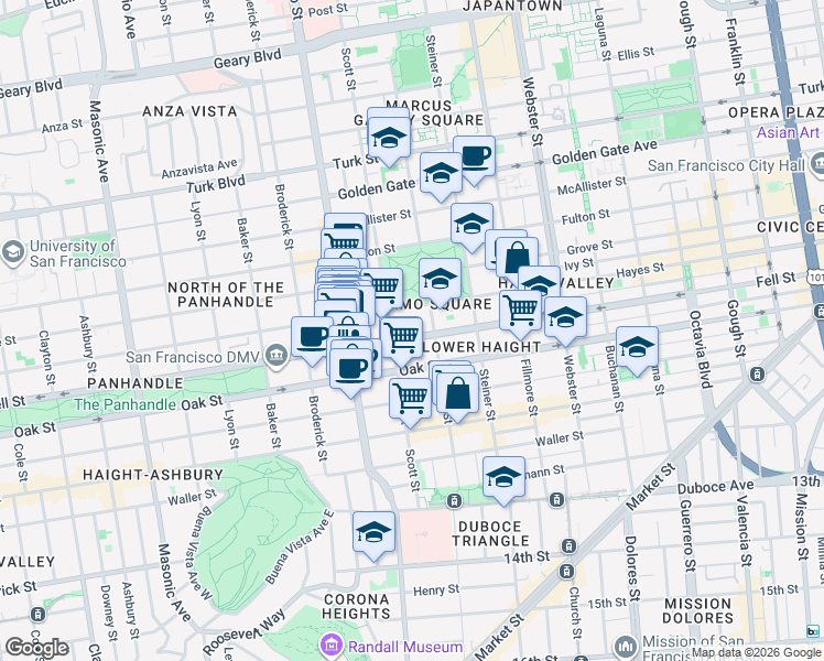 map of restaurants, bars, coffee shops, grocery stores, and more near 1004 Fell Street in San Francisco