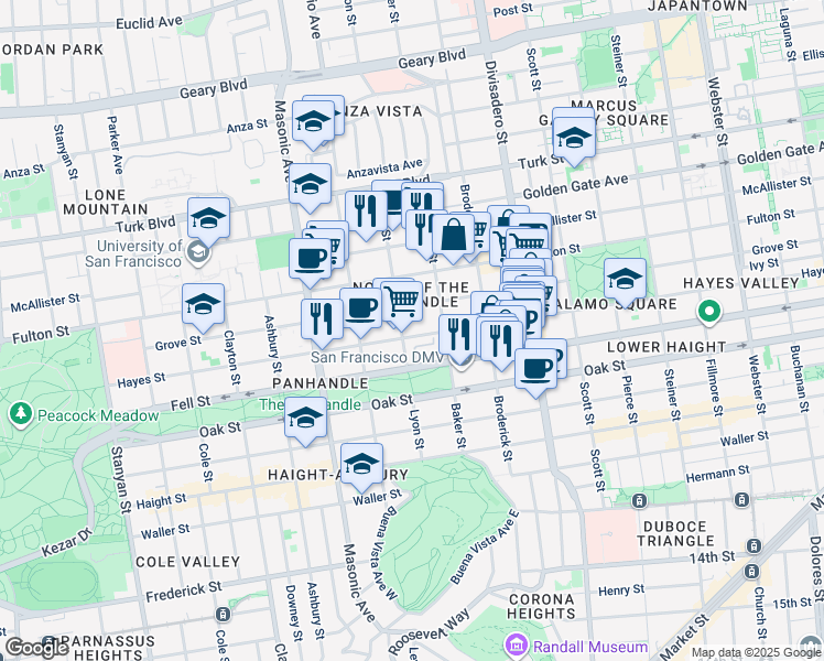 map of restaurants, bars, coffee shops, grocery stores, and more near 1542 Hayes Street in San Francisco