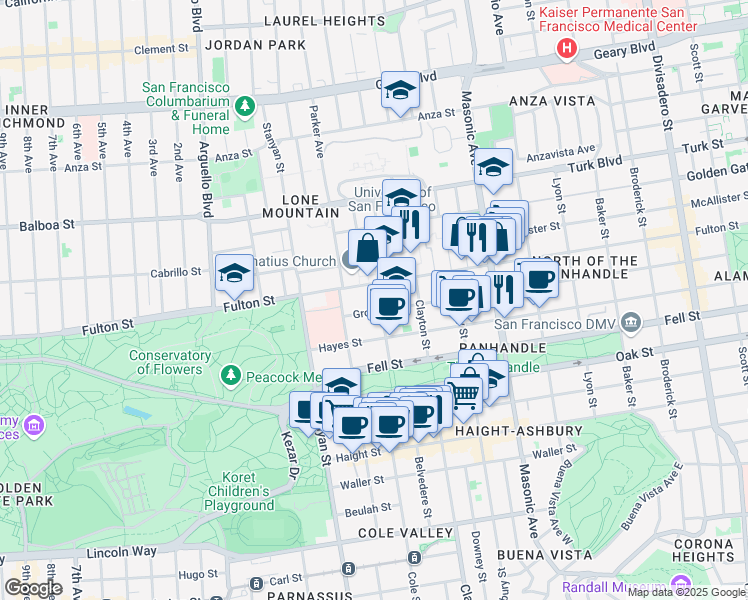 map of restaurants, bars, coffee shops, grocery stores, and more near 52 Cole Street in San Francisco