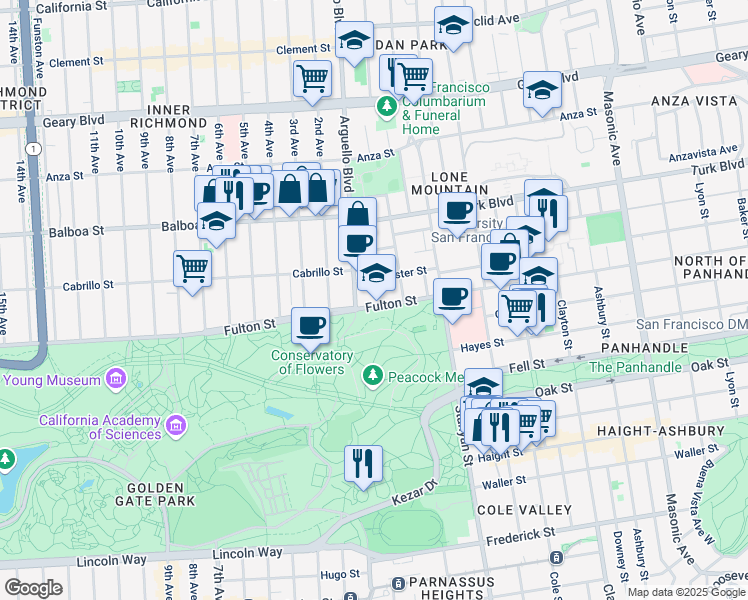 map of restaurants, bars, coffee shops, grocery stores, and more near 2424 Fulton Street in San Francisco