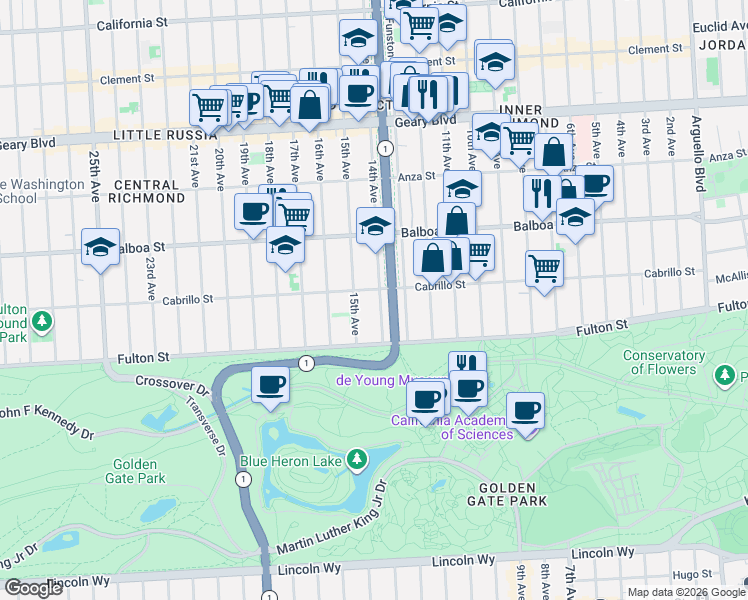 map of restaurants, bars, coffee shops, grocery stores, and more near 725 14th Avenue in San Francisco
