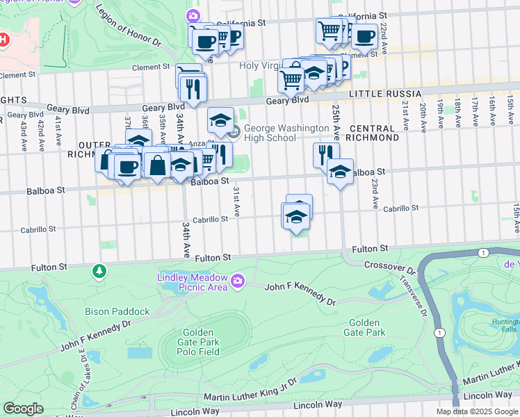 map of restaurants, bars, coffee shops, grocery stores, and more near 787 30th Avenue in San Francisco