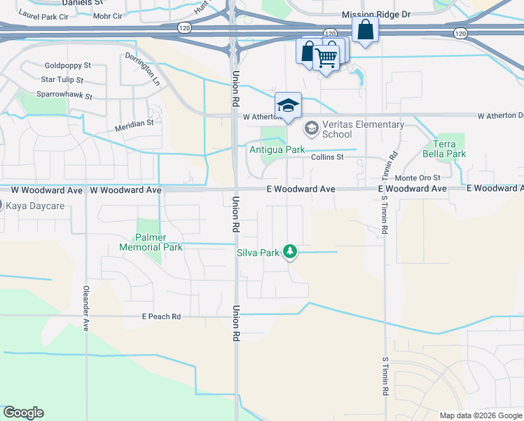 map of restaurants, bars, coffee shops, grocery stores, and more near 1125 Silva Way in Manteca
