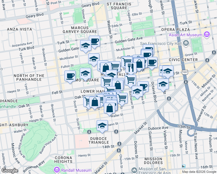 map of restaurants, bars, coffee shops, grocery stores, and more near 546 Fillmore Street in San Francisco