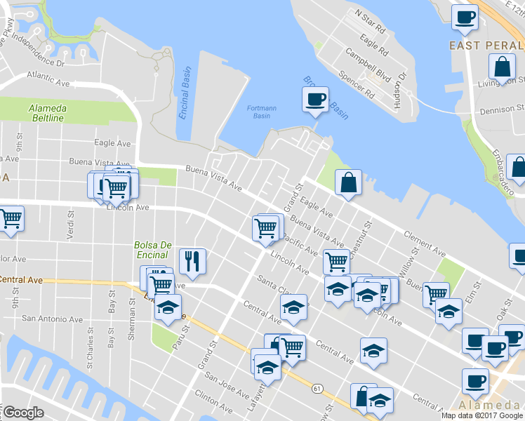 map of restaurants, bars, coffee shops, grocery stores, and more near 1717 Hibbard Street in Alameda
