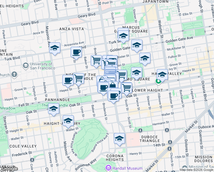 map of restaurants, bars, coffee shops, grocery stores, and more near 1369 Hayes Street in San Francisco