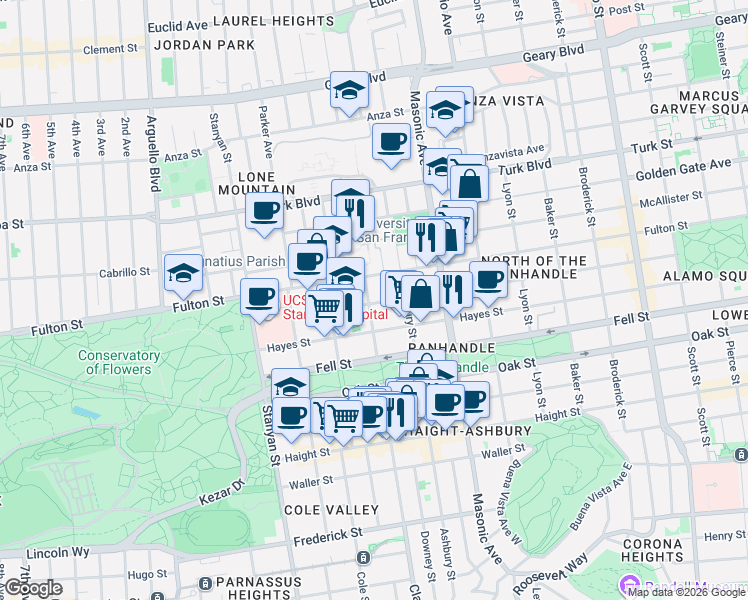 map of restaurants, bars, coffee shops, grocery stores, and more near 1996 Grove Street in San Francisco