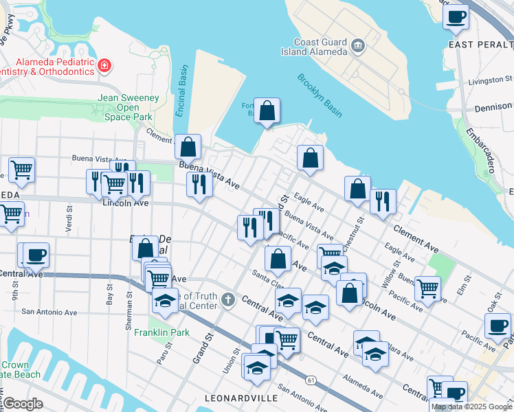 map of restaurants, bars, coffee shops, grocery stores, and more near 1717 Hibbard Street in Alameda