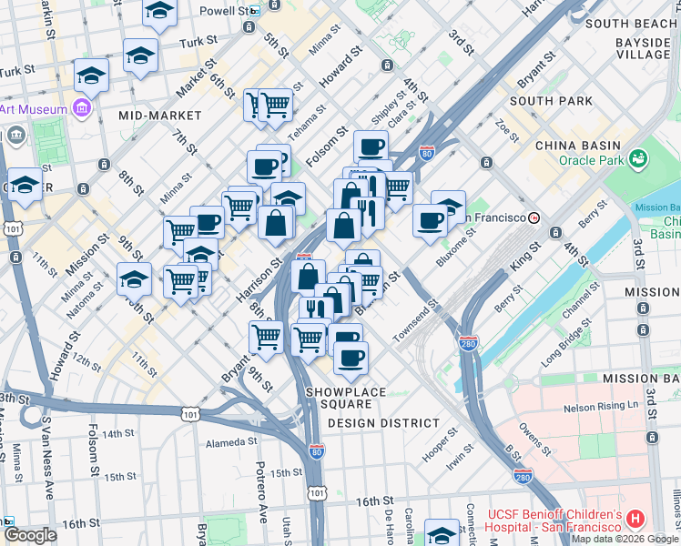 map of restaurants, bars, coffee shops, grocery stores, and more near 887-891 Bryant Street in San Francisco