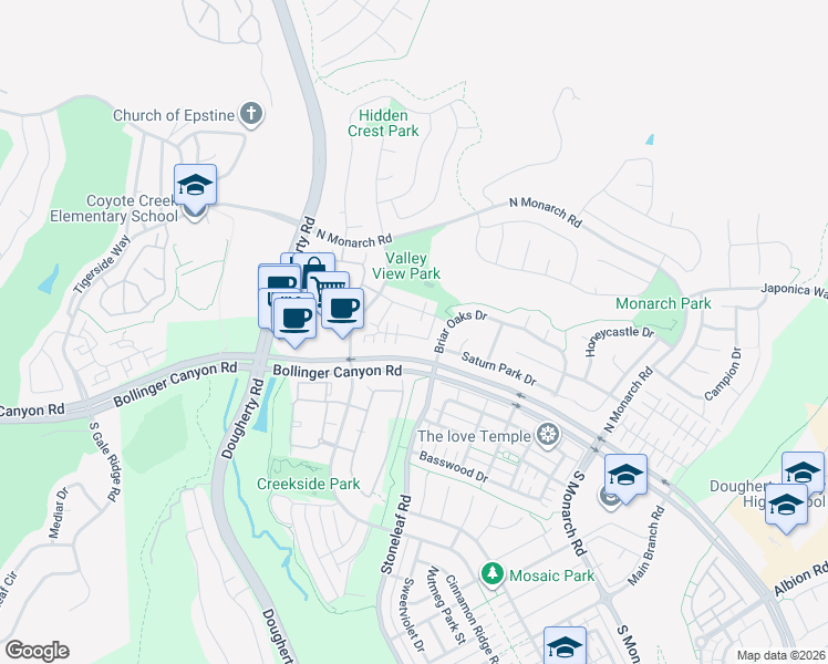 map of restaurants, bars, coffee shops, grocery stores, and more near 9843 Belladonna Drive in San Ramon