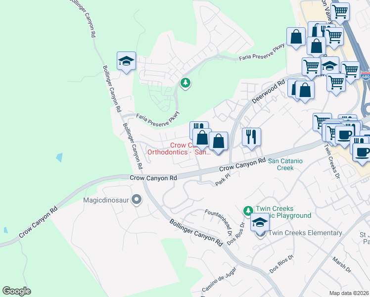 map of restaurants, bars, coffee shops, grocery stores, and more near 166 Shadowhill Circle in San Ramon