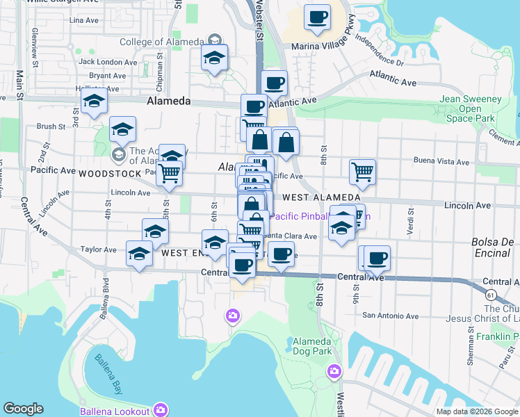 map of restaurants, bars, coffee shops, grocery stores, and more near 1536 Webster Street in Alameda