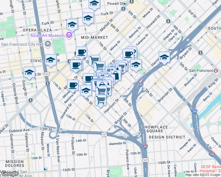 map of restaurants, bars, coffee shops, grocery stores, and more near in San Francisco
