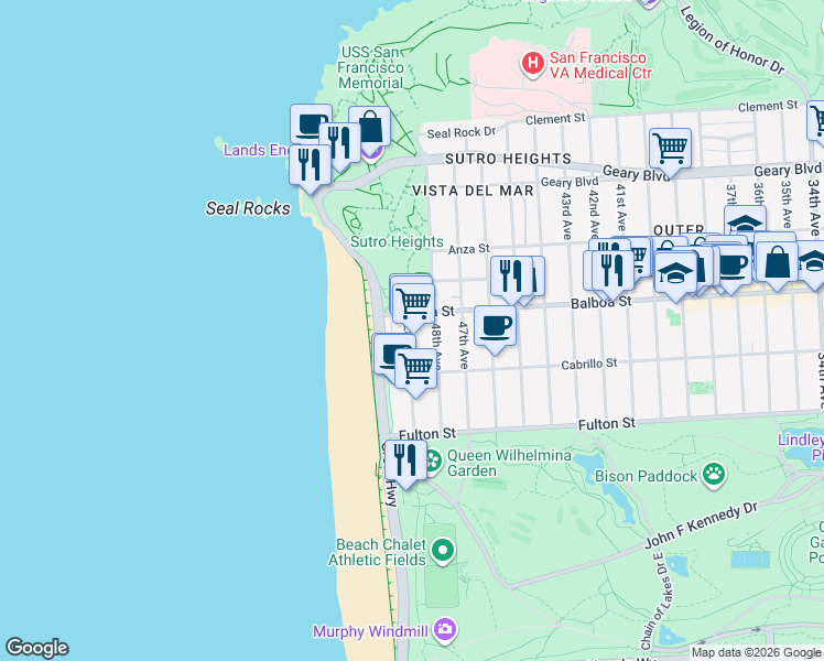 map of restaurants, bars, coffee shops, grocery stores, and more near 734 La Playa Street in San Francisco