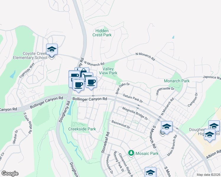 map of restaurants, bars, coffee shops, grocery stores, and more near 9827 Belladonna Drive in San Ramon