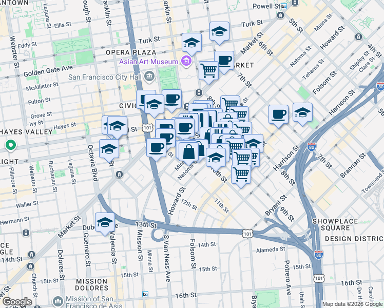 map of restaurants, bars, coffee shops, grocery stores, and more near 155 10th Street in San Francisco