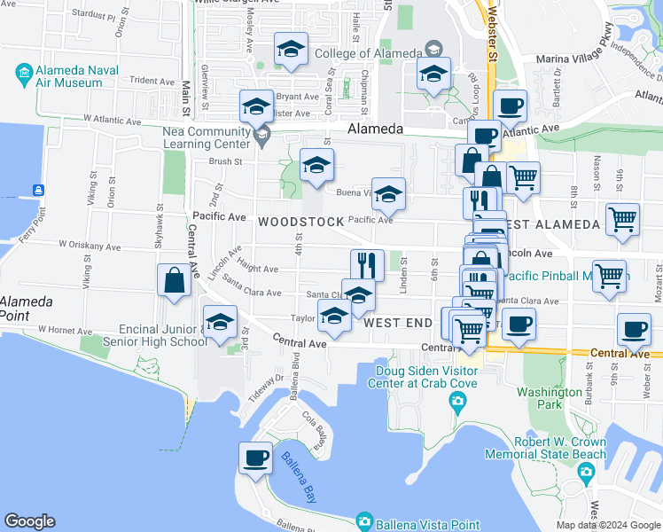 map of restaurants, bars, coffee shops, grocery stores, and more near 433 Haight Avenue in Alameda